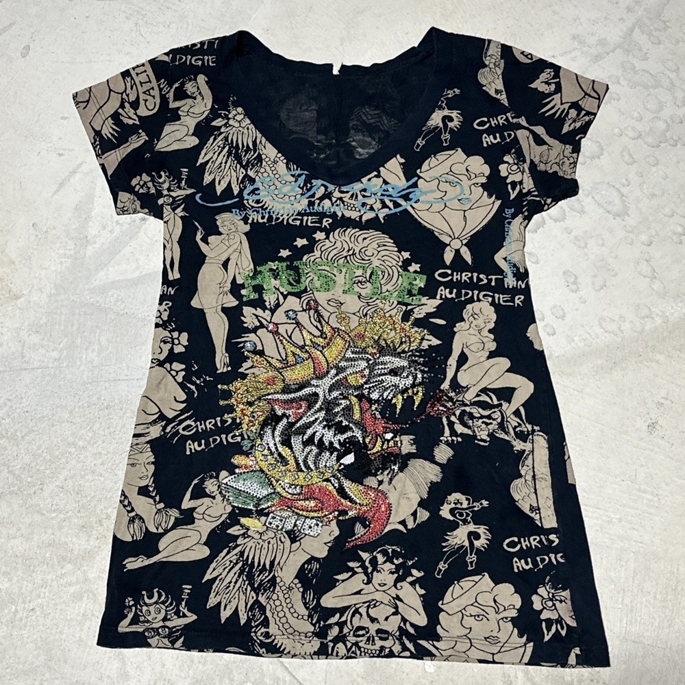 Ed Hardy Women's Tiger Mini AOP T Shirt Dress Fitted Crew Neck Y2K SZ M RARE